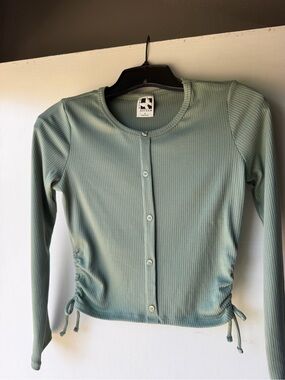 Self Esteem Sage Green Ribbed Button-Front Long Sleeve Top